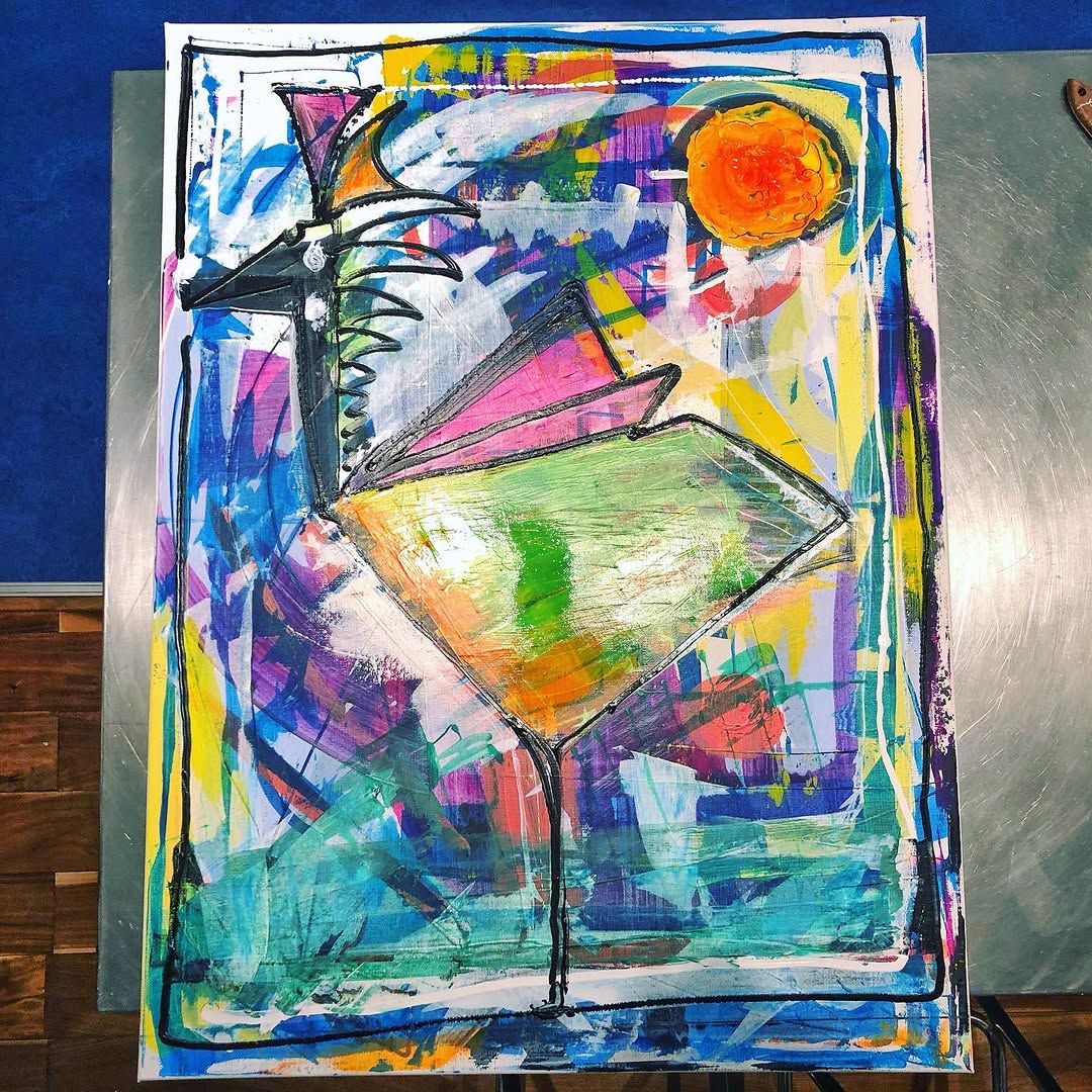 Kleurrijke abstracte vogel met oranje zon