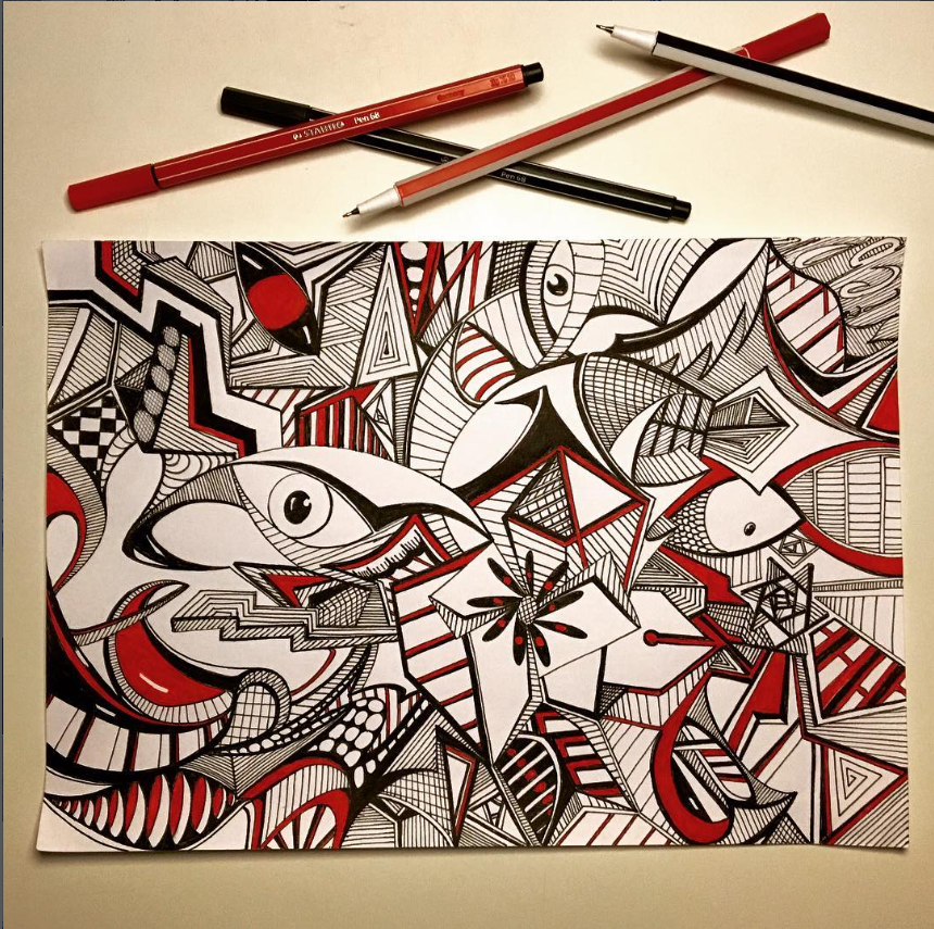 Rood-zwart-witte lijntekening met ogen en scherpe geometrie